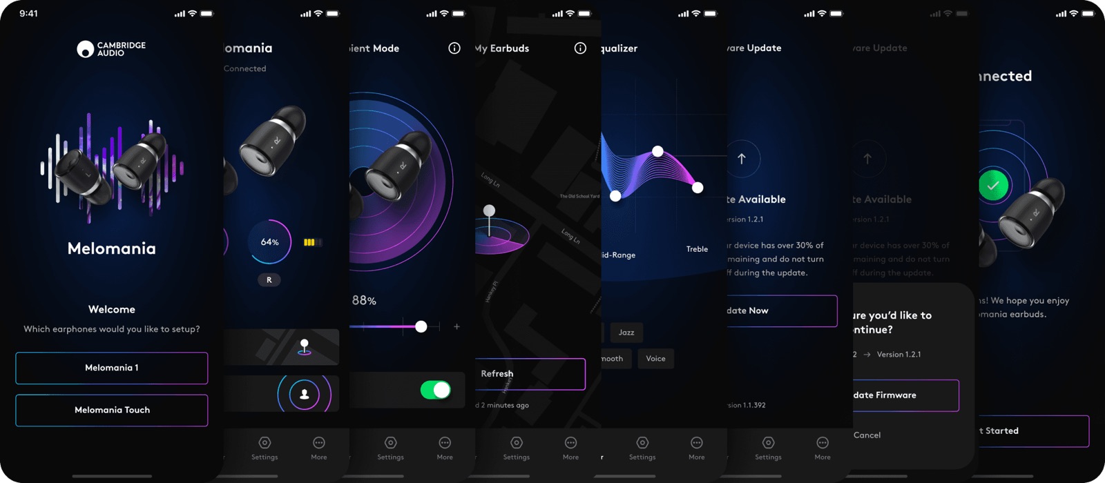 A row of Melomania app screens: welcome, connected, ambient mode, find my earbuds and equalizer